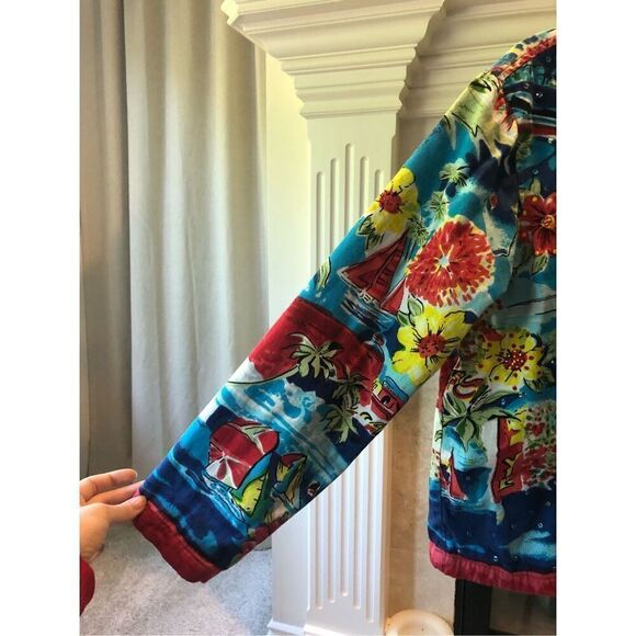 Studio Works Women’s Blue Floral Beach Graphic Beaded Design Button Up Blazer Ja - Picture 3 of 7